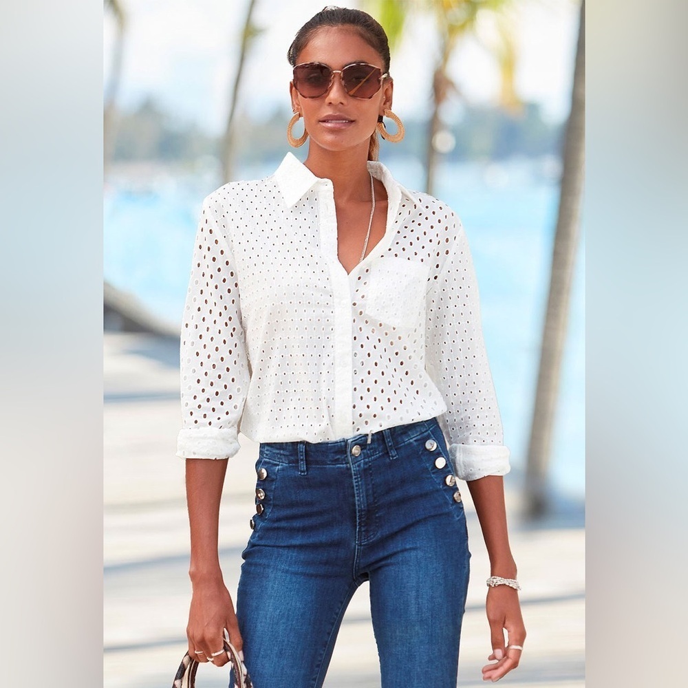 Lascana Women's White Eyelet Button Down Shirt NWOT size 46 Euro 14 US